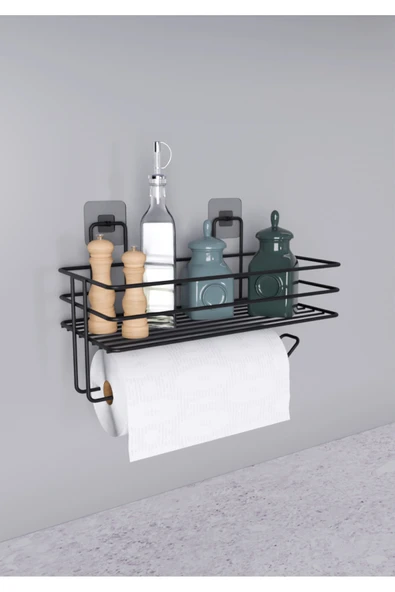 Egem Home Yapışkanlı Raflı Kağıt Rulo Havluluk Peçetelik Siyah Banyo Mutfak Düzenleyici Raf - Resim 2