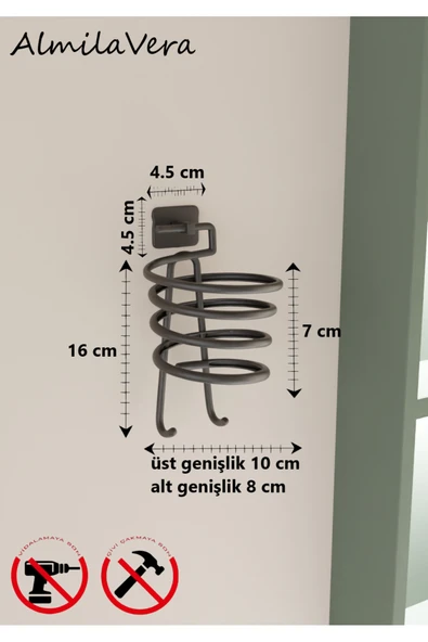 Egem Home Siyah Yapışkanlı Kare Fön Makinesi Askısı Saç Kurutma Makinesi Tutacağı - 3