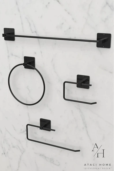 Egem Home Yapışkanlı 4lü Siyah Uzun Havluluk Sabunluk Wc Tuvalet Kağıtlık Yuvarlak Havluluk Banyo Seti ürün görseli