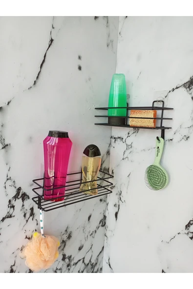 Egem Home Yapışkanlı Kancalı 2 Adet Banyo Rafı Mat Siyah Banyo Duş Rafı ürün görseli