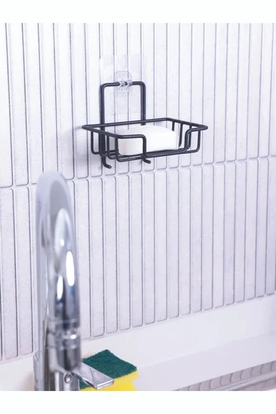 Egem Home Yapışkanlı Siyah Banyo Düzenleyici Raf Kare Fön Askısı ve Katı Sabunluk Seti - 5