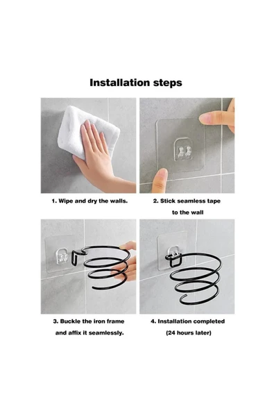 Egem Home Yapışkanlı Güçlü Siyah Fön Makinesi Askısı Saç Kurutma Makinesi Askısı - Resim 3