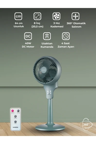 8 inch 360 Derece Salınımlı Uzaktan Kumandalı Dokunmatik Ekran 64 cm Zaman Ayarlı Ayaklı Vantilatör