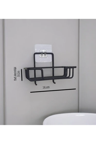 Egem Home Yapışkanlı Kancalı Katı Sabunluk ve Bulaşık Süngerlik Düzenleyici Raf Siyah - Resim 2