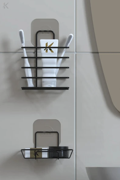 Egem Home Siyah Paslanmaz Metal Banyo Duvar Organizeri - Yapışkanlı Diş Fırçalık ve Sabunluk Seti - Resim 4
