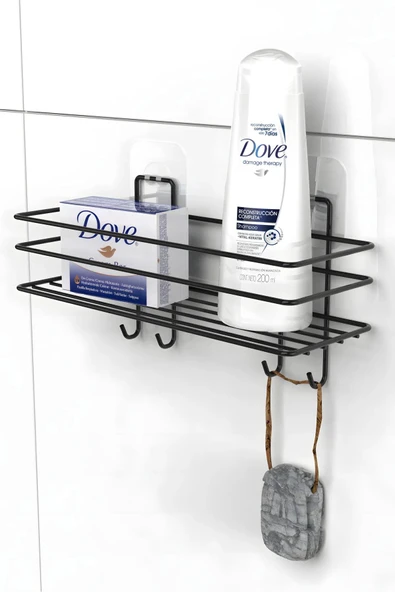 Egem Home Siyah Yapışkanlı Kancalı Banyo ve Mutfak Rafı Çok Amaçlı Tekli Raf - 1