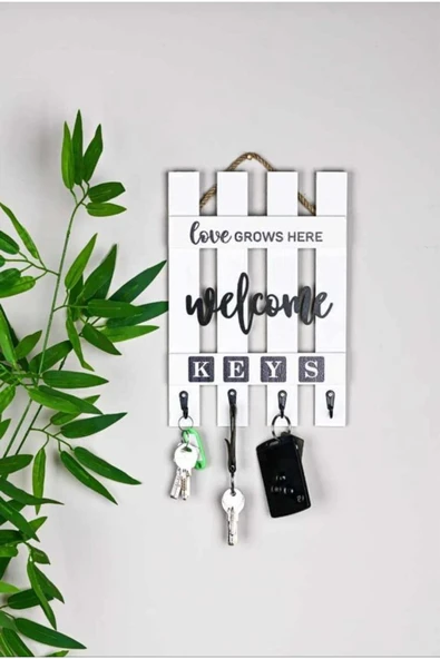 Egem Home Ahşap Dekoratif Hasır Askılı Çit Anahtarlık Beyaz 4 Askılı - 1