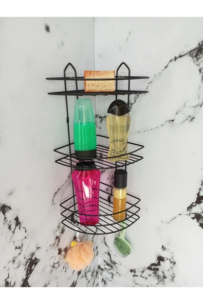 Egem Home Yapışkanlı Kancalı Banyo Köşeliği Düzenleyici Şampuanlık Duş Rafı Siyah - Resim 2