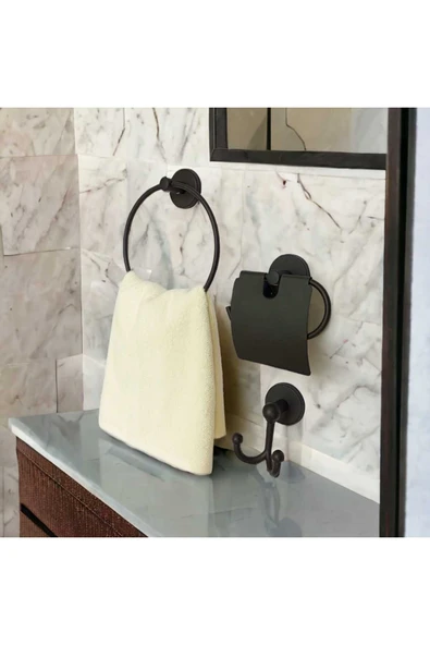 Egem Home Yapışkanlı Banyo Aksesuar Seti Yuvarlak Havluluk Kapaklı Tuvalet Kağıtlığı Bornozluk ürün görseli