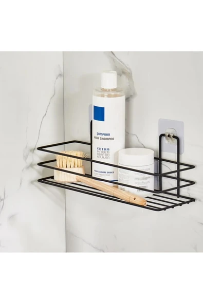 Egem Home Tekli Güçlü Magic Yapışkan Askılı Dikdörtgen Banyo Rafı Mat Siyah - Resim 4
