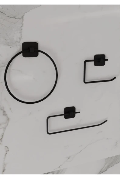 Egem Home Siyah Yapışkanlı Kare Rulo Havluluk Halka Havluluk ve Tuvalet Kağıtlık 3'lü Set - Resim 2