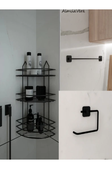 Egem Home Yapışkanlı Siyah Banyo Köşeliği 3 Katlı Köşe Rafı Uzun Havluluk ve Tuvalet Kağıtlık Set - 1