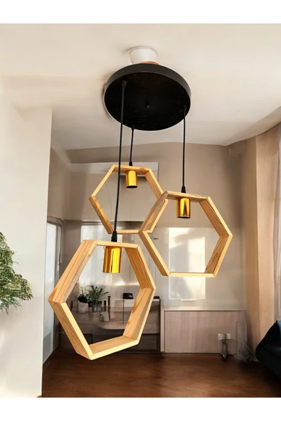 RMD SHOP RİO Ahşap Sarkıt Avize Altıgen 3'Lü Avize - 3
