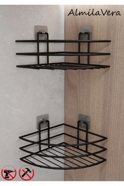 Egem Home Siyah Güçlü Yapışkanlı Tekli Banyo Köşe Rafı 2 Adet - Resim 2
