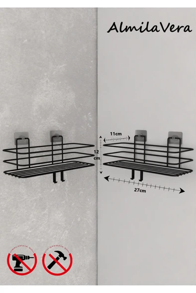 KapKacakAl Siyah Güçlü Yapışkanlı Kancalı Banyo Rafı 2 Adet. - Resim 4