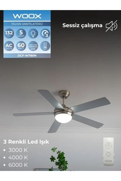 İleri Geri Fonksiyonlu 5 Kanatlı Fan ve Işıklı Uzaktan Kumandalı Tavan Vantilatörü, Sessiz Çalışma