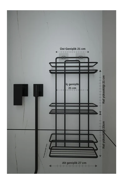 Egem Home Ömür Boyu Paslanmaz Kancalı Yapışkanlı Banyo Şampuanlığı 3 Raflı Düz Siyah - Resim 2