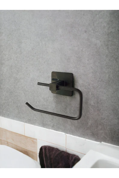 Egem Home Siyah Yapışkanlı Tuvalet Kağıtlık Halka Havluluk Askısı ve Fön Makinesi Askısı Seti Banyo Seti - 2