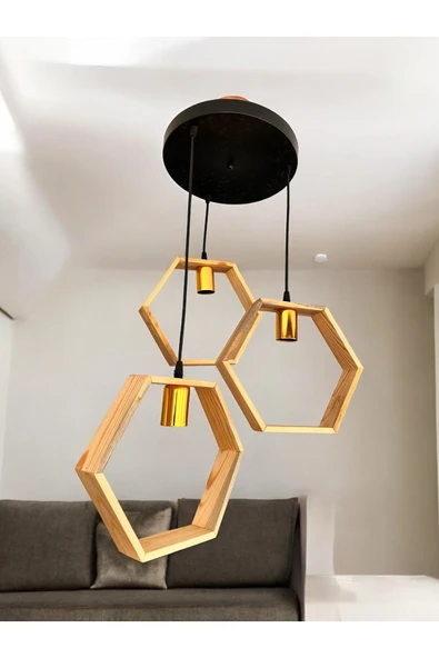 RMD SHOP RİO Ahşap Sarkıt Avize Altıgen 3'Lü Avize - 2