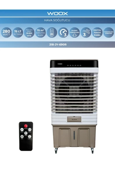 75 Lt Su Kapasiteli, 280 Watt, Otomatik Salınım, Dijital Touch Panel, Portatif Hava Soğutucu