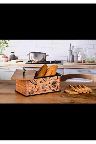 Egem Home Kapaklı Ahşap Ekmeklik - Dekoratif Desenli Ekmek Saklama Kutusu - Lüx Büyük Ekmek Dolabı