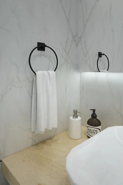 Egem Home Siyah Yapışkanlı Kare Havluluk Ve Solo Havluluk Seti Banyo Seti - Resim 5