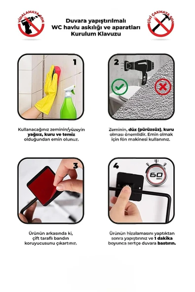 Egem Home Yapışkanlı 4lü Siyah Uzun Havluluk Sabunluk Wc Tuvalet Kağıtlık Yuvarlak Havluluk Banyo Seti - Resim 6