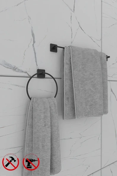 Egem Home Yapışkanlı Kare Uzun Havlu ve Kare Halka Havluluk Banyo Aksesuar Seti - 1