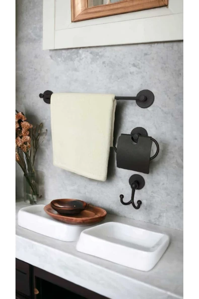 Egem Home Yapışkanlı Banyo Seti, Siyah, Düz Havluluk, Kapaklı Tuvalet Kağıtlığı, Bornozluk ürün görseli