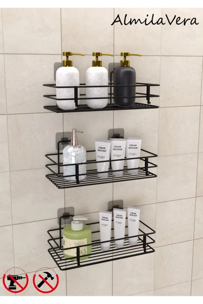 VİKİHOUSE Güçlü Yapışkanlı Kancalı 3 Adet 3 Katlı Banyo Mutfak Düzenleyici Rafı Mat Siyah ürün görseli