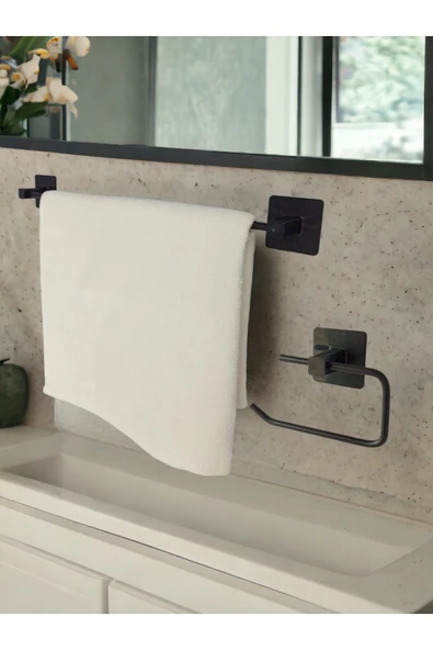 Egem Home Yapışkanlı Banyo Aksesuar Seti, Siyah, Düz Havluluk, Tuvalet Kağıtlığı ürün görseli