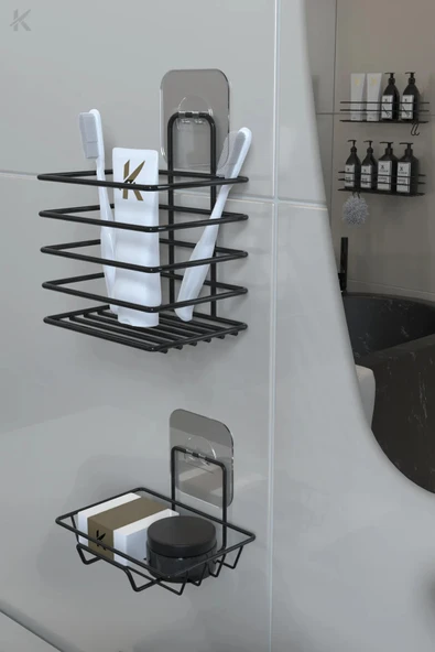 Egem Home Siyah Paslanmaz Metal Banyo Duvar Organizeri - Yapışkanlı Diş Fırçalık ve Sabunluk Seti - Resim 2