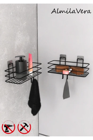 KapKacakAl Siyah Güçlü Yapışkanlı Kancalı Banyo Rafı 2 Adet. ürün görseli