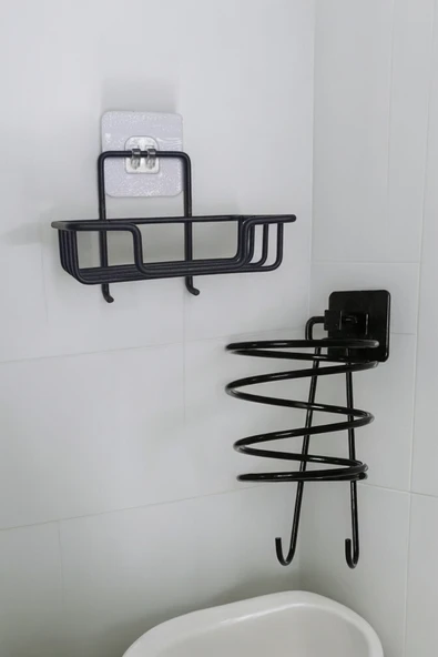 Egem Home Yapışkanlı Siyah Kare Fön Askısı ve Katı Sabunluk Seti - 1