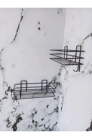 Egem Home Yapışkanlı Kancalı 2 Adet Banyo Rafı Mat Siyah Banyo Duş Rafı - Resim 4