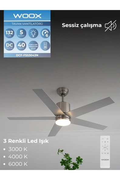 İleri Geri 5 Kanatlı Işıklı Uzaktan Kumandalı, 6 Hız Kademeli Tavan Vantilatör, Sessiz Çalışma