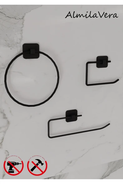 Egem Home Siyah Kare Uzun Havluluk Halka Havluluk Rulo Havluluk ve Tuvalet Kağıtlık Seti 4'lü Banyo Seti - Resim 3