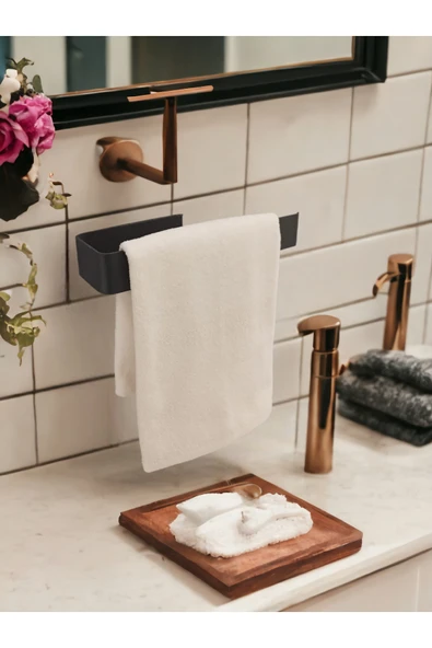 Egem Home Yapışkanlı Lamalı Solo Havluluk Siyah Anında Montaj Vida Yok - Resim 2