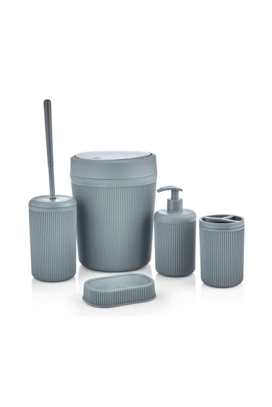 Egem Home Gri 5 Parça Banyo Seti Çöp Kovası Klozet Fırçası Sıvı Sabunluk Diş Fırçalık ve Katı Sabunluk Seti - 2