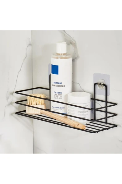 Egem Home Tekli Güçlü Magic Yapışkan Askılı Dikdörtgen Banyo Rafı Mat Siyah - Resim 3