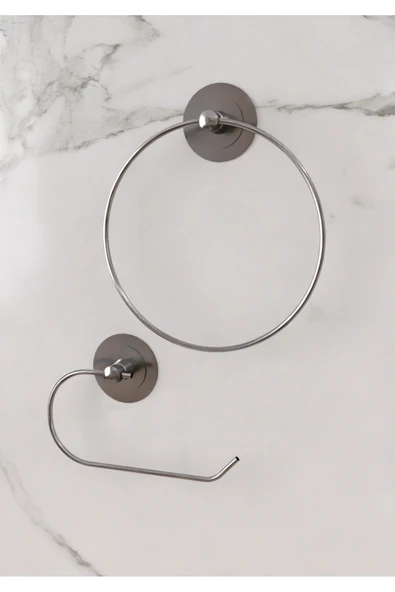 Egem Home Güçlü Yapışkanlı Garantili Krom-Gümüş Halka Havluluk ve Tuvalet Kağıtlık Seti ürün görseli