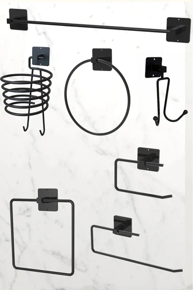 Egem Home Yapışkanlı Siyah 7'li Banyo Seti Uzun Havluluk Rulo Havluluk Tuvalet Kağıtlık ürün görseli