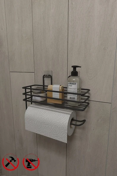 Egem Home Yapışkanlı Raflı Kağıt Rulo Havluluk Peçetelik Siyah Banyo Mutfak Düzenleyici Raf - Resim 2