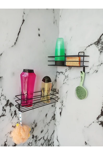 Egem Home Yapışkanlı Kancalı 2 Adet Banyo Rafı Mat Siyah Banyo Duş Rafı - Resim 2