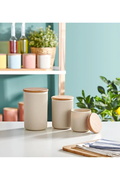 Egem Home Ahşap Vakum Kapaklı Retro 3'lü Krem Saklama Seti 0,27 LT 0,50 LT 0,85 LT ürün görseli