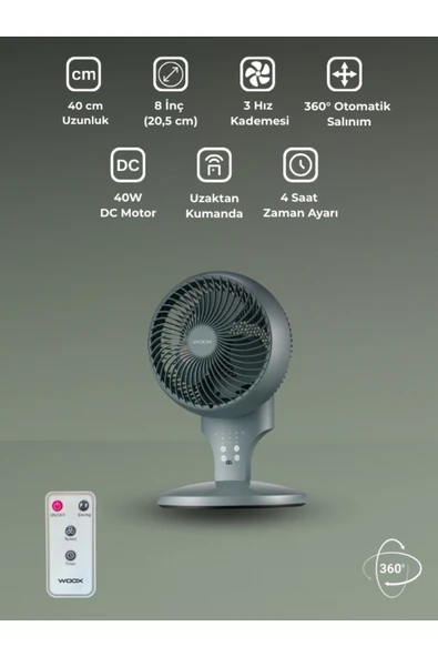 8'' 360 Derece Salınımlı Uzaktan Kumandalı Dokunmatik Ekran 40 cm Zaman Ayarlı Masaüstü Vantilatör
