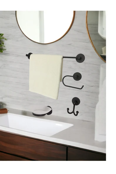 Egem Home Banyo Aksesuar Seti, Siyah, Düz Havluluk Tuvalet Kağıtlığı, Bornozluk,Sabunluk- Mat Siyah ürün görseli