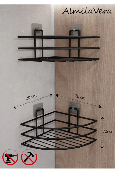 Egem Home Siyah Güçlü Yapışkanlı Tekli Banyo Köşe Rafı 2 Adet - Resim 3