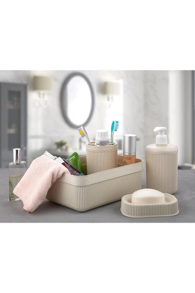 Egem Home Krem 4 Parça Banyo Seti Diş Fırçalık Sıvı Sabunluk Katı Sabunluk ve Banyo Düzenleyici - 1
