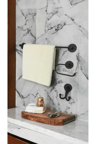 Egem Home Banyo Aksesuar Seti, Siyah, Düz Havluluk, K. Tuvalet Kağıtlığı, Bornozluk - Mat Siyah - 1